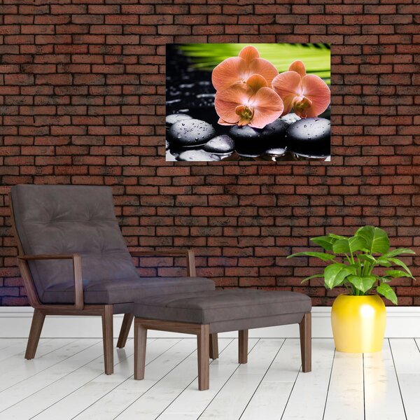 Slika - Narančasta orhideja s palminim lišćem (70x50 cm)