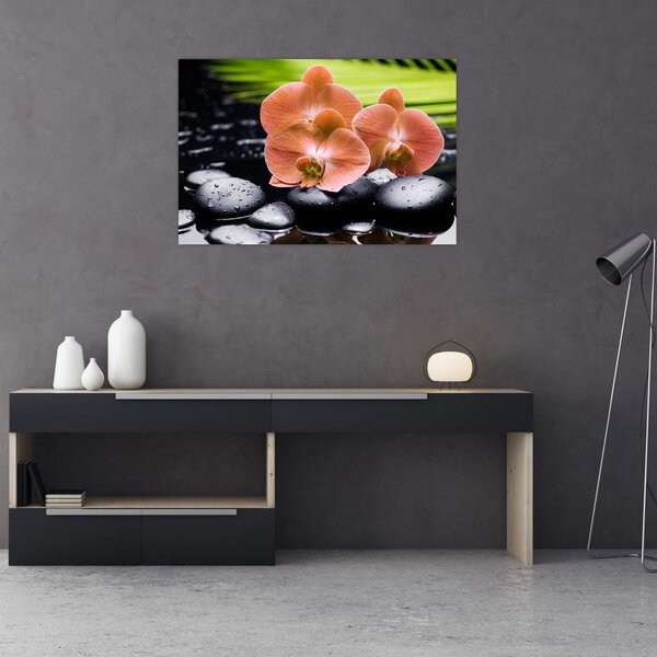 Slika - Narančasta orhideja s palminim lišćem (90x60 cm)