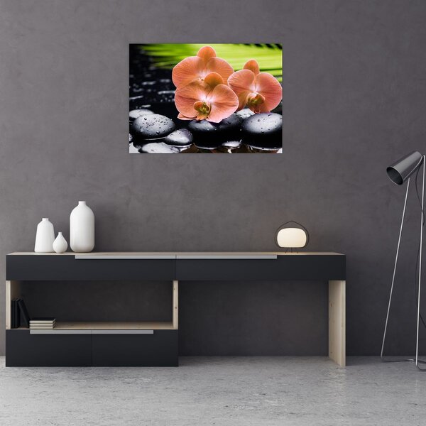Slika - Narančasta orhideja s palminim lišćem (70x50 cm)