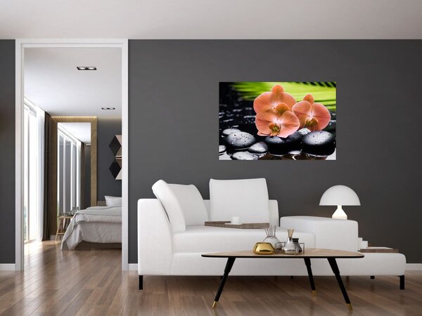 Slika - Narančasta orhideja s palminim lišćem (90x60 cm)