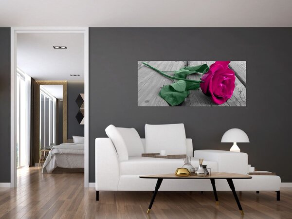 Slika - Ružičasta ruža sa zelenom stabljikom (120x50 cm)