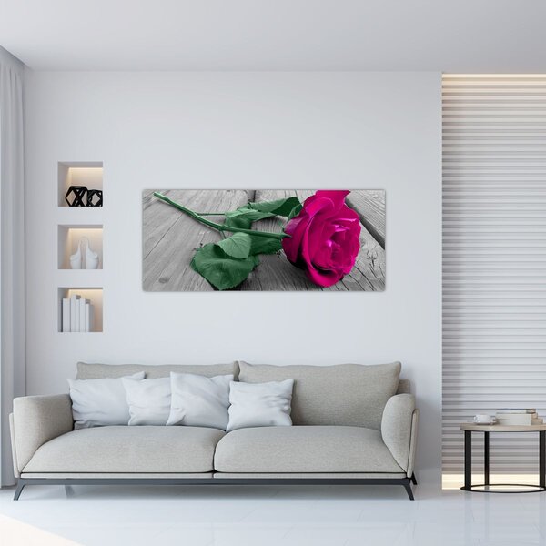 Slika - Ružičasta ruža sa zelenom stabljikom (120x50 cm)