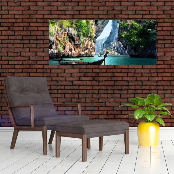 Slika - Vodeni mediteranski krajolik s čamcem (120x50 cm)