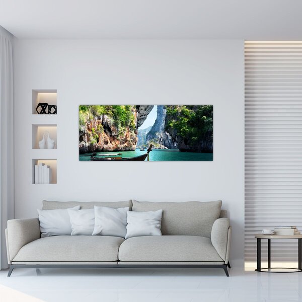 Slika - Vodeni mediteranski krajolik s čamcem (120x50 cm)