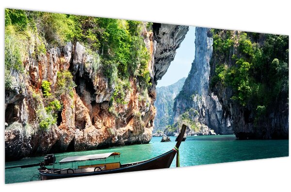 Slika - Vodeni mediteranski krajolik s čamcem (120x50 cm)
