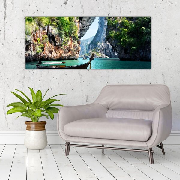 Slika - Vodeni mediteranski krajolik s čamcem (120x50 cm)
