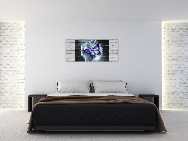 Slika - Ljubičasti leptir na zidu (120x50 cm)