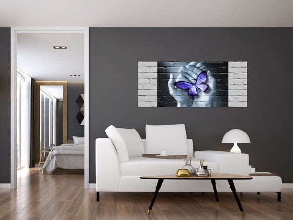 Slika - Ljubičasti leptir na zidu (120x50 cm)
