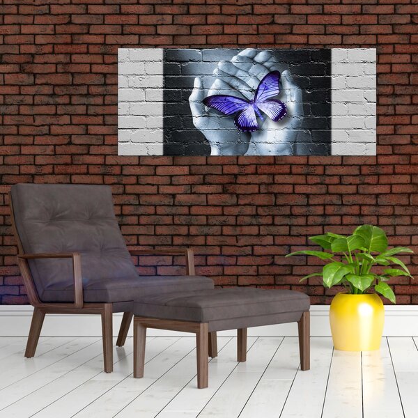 Slika - Ljubičasti leptir na zidu (120x50 cm)