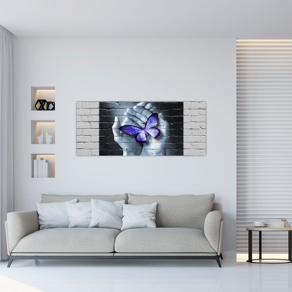 Slika - Ljubičasti leptir na zidu (120x50 cm)
