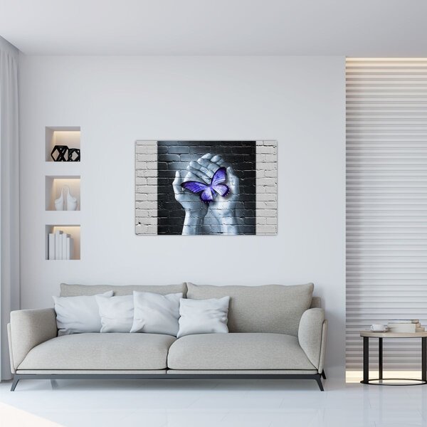 Slika - Ljubičasti leptir na zidu (90x60 cm)