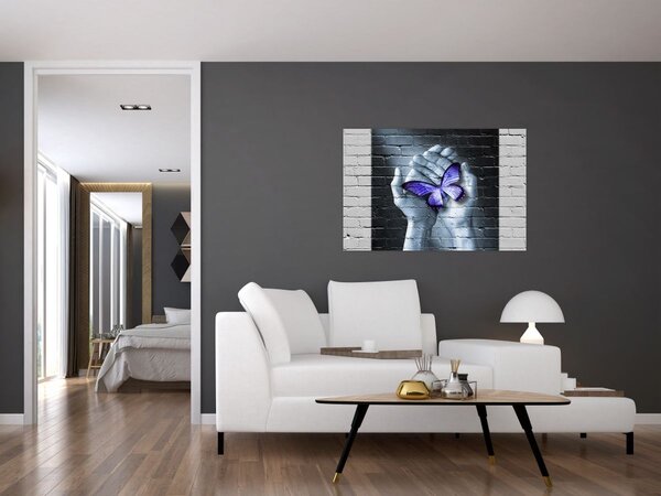 Slika - Ljubičasti leptir na zidu (90x60 cm)