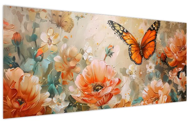 Slika - Leptir i cvijeće, ulje na platnu (120x50 cm)