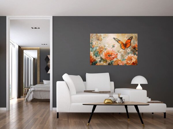 Slika - Leptir i cvijeće, ulje na platnu (90x60 cm)