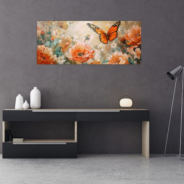 Slika - Leptir i cvijeće, ulje na platnu (120x50 cm)
