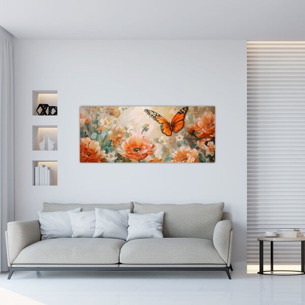 Slika - Leptir i cvijeće, ulje na platnu (120x50 cm)