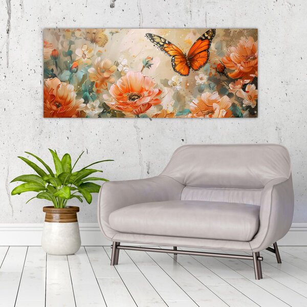 Slika - Leptir i cvijeće, ulje na platnu (120x50 cm)