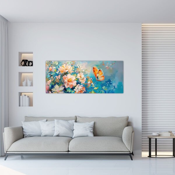 Slika - Leptir i cvijeće, ulje na platnu II. (120x50 cm)