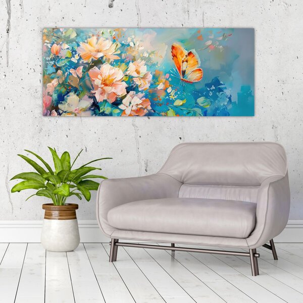 Slika - Leptir i cvijeće, ulje na platnu II. (120x50 cm)