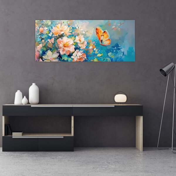 Slika - Leptir i cvijeće, ulje na platnu II. (120x50 cm)