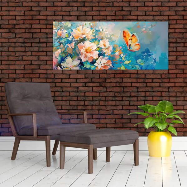 Slika - Leptir i cvijeće, ulje na platnu II. (120x50 cm)