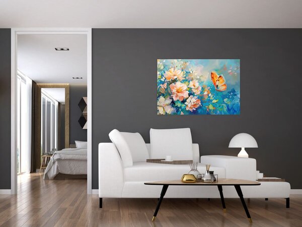 Slika - Leptir i cvijeće, ulje na platnu II. (90x60 cm)