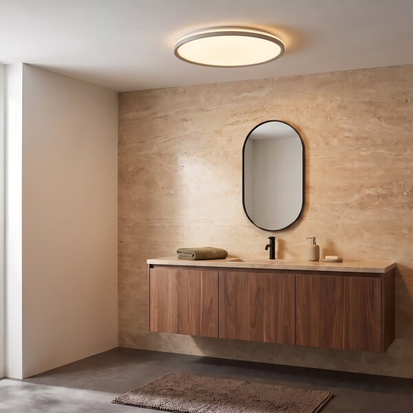 Lindby Edmund LED stropna svjetiljka, srebrna, Ø 39 cm, CCT, IP44, Sivo, kupaonica, Plastika