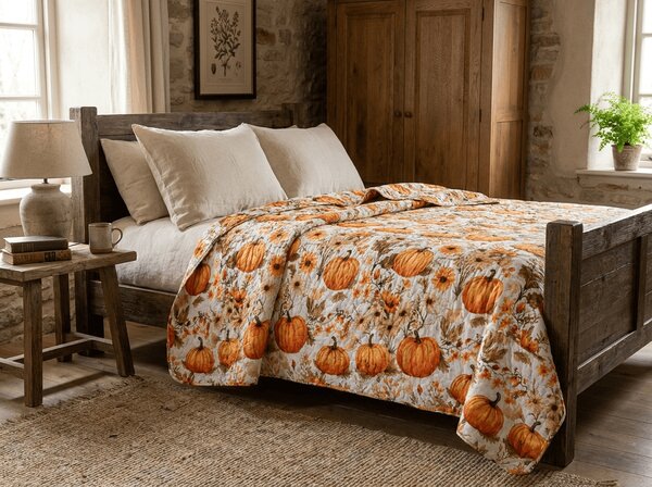 Prekrivač za krevet FLOWERS AND PUMPKINS, narančasti Dimenzije: 170 x 210 cm