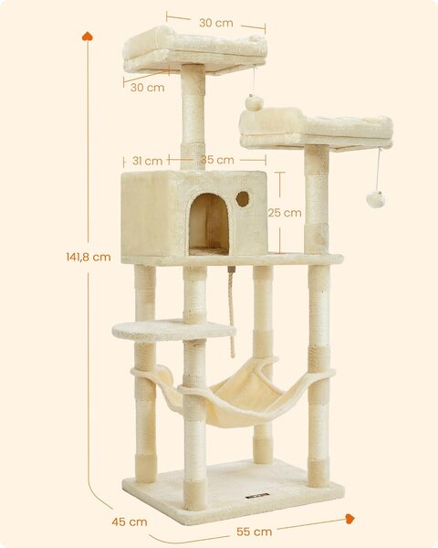 Drvo za mačke, mačji toranj, 143 cm, bež | FEANDREA