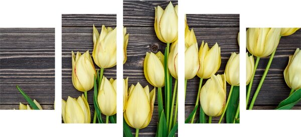 5-dijelna slika čarobni žuti tulipani na drvenoj podlozi
