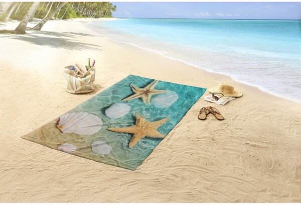 Plavi/bež ručnik za plažu od samta 100x180 cm Beachvibe – Good Morning