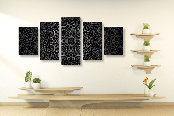 5-dijelna slika vintage Mandala u indijskom stilu u crno-bijelom dizajnu