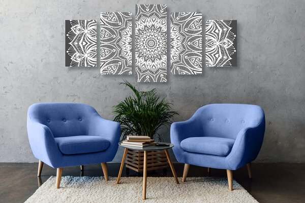5-dijelna slika Mandala harmonije u crno-bijelom dizajnu