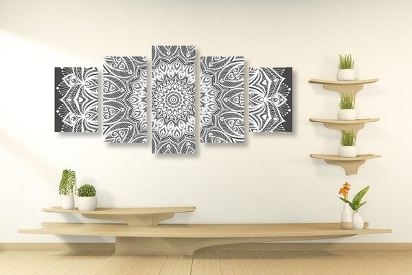 5-dijelna slika Mandala harmonije u crno-bijelom dizajnu