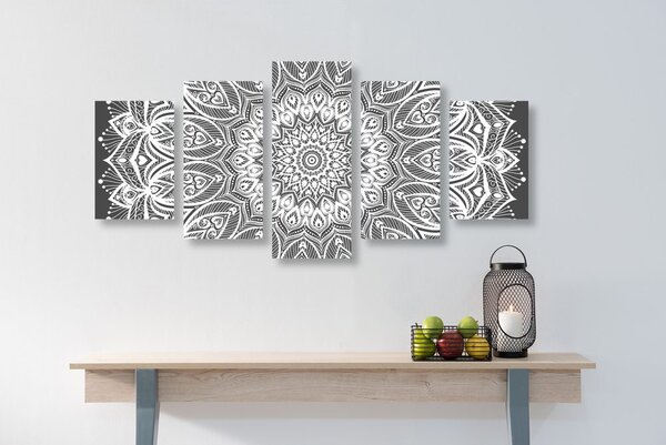 5-dijelna slika Mandala harmonije u crno-bijelom dizajnu