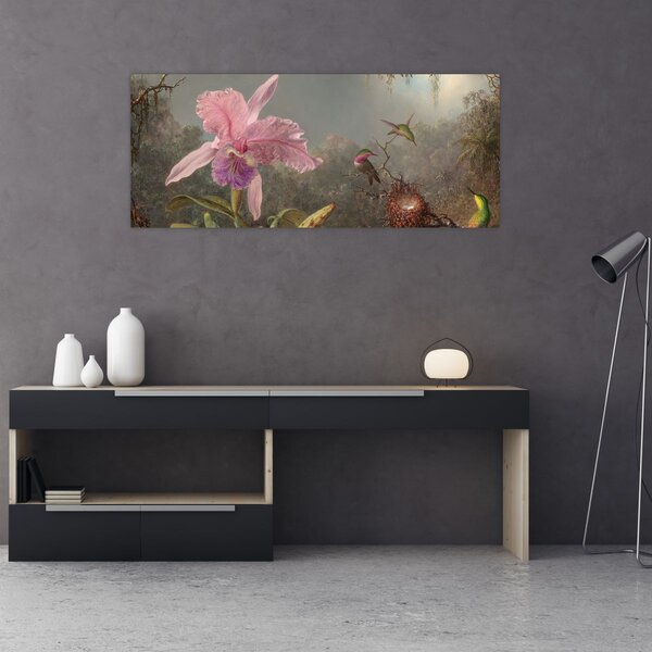 Slika - Martin Johnson Heade, Cattleya Orchid and Three Hummingbirds, reprodukcije (120x50 cm)