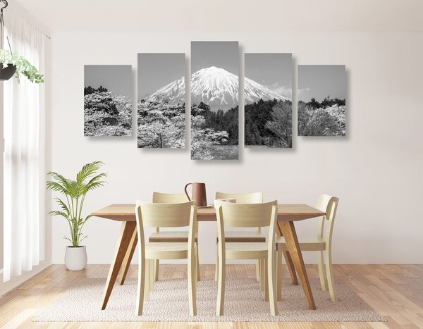 5-dijelna slika planina Fuji u crno-bijelom dizajnu