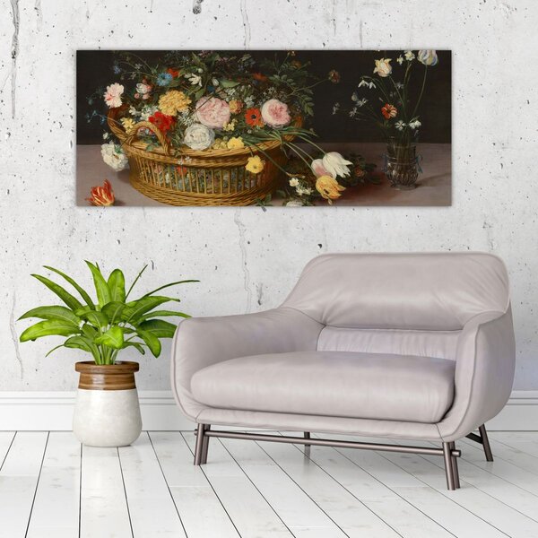 Slika - Jan Brueghel the Elder, Flowers in a Basket and a Vase, reprodukcije (120x50 cm)