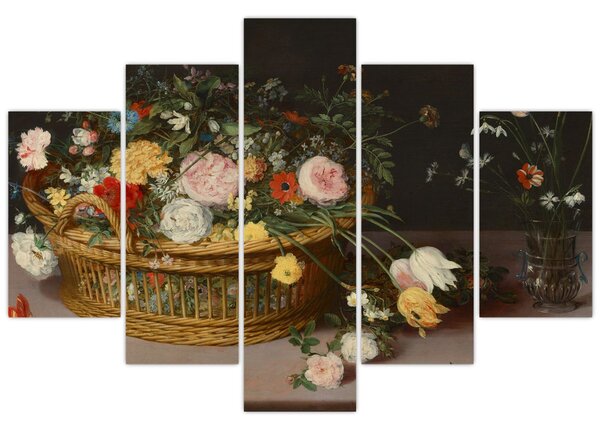 Slika - Jan Brueghel the Elder, Flowers in a Basket and a Vase, reprodukcije (150x105 cm)