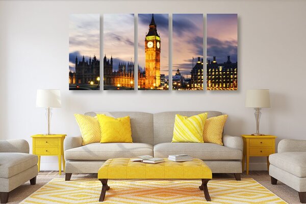 5-dijelna slika noćni Big Ben u Londonu