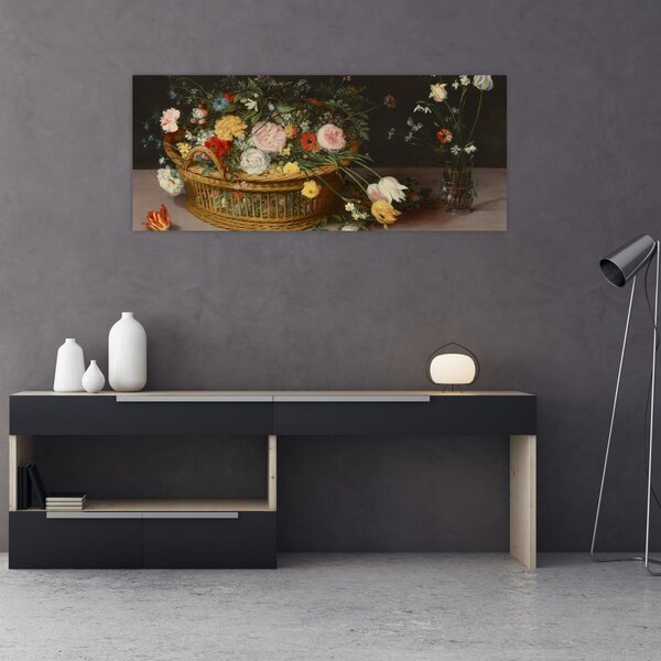 Slika - Jan Brueghel the Elder, Flowers in a Basket and a Vase, reprodukcije (120x50 cm)