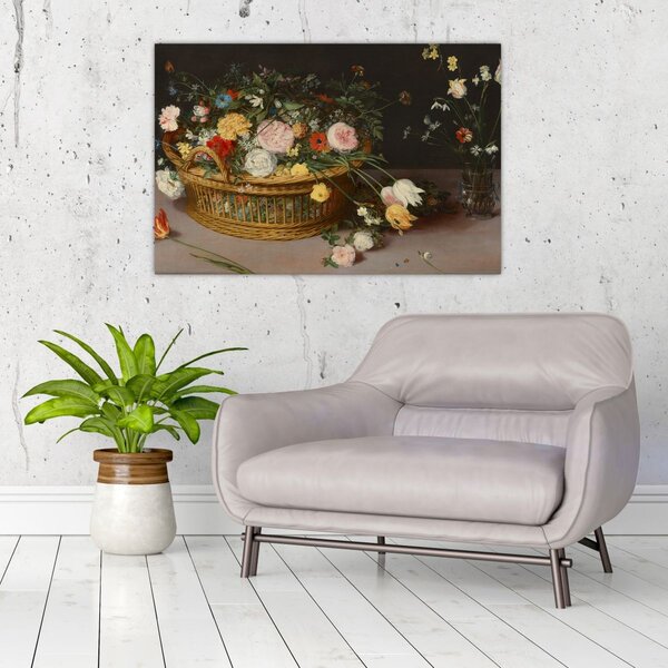 Slika - Jan Brueghel the Elder, Flowers in a Basket and a Vase, reprodukcije (90x60 cm)