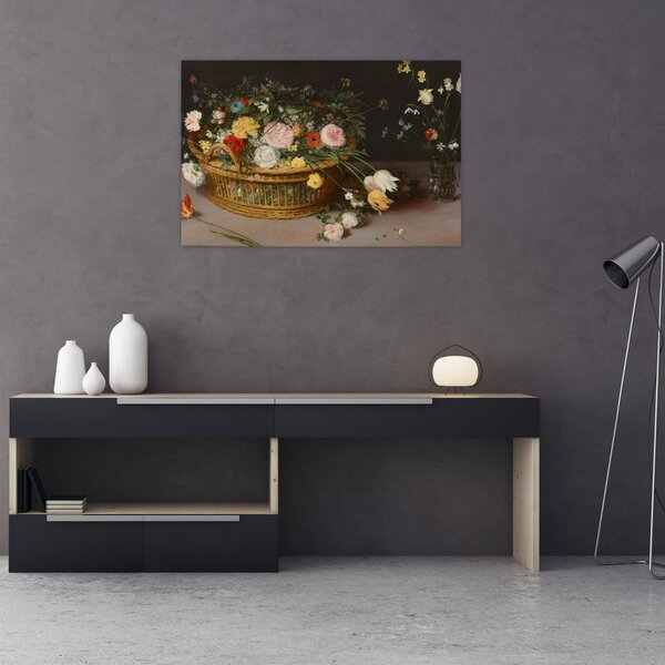 Slika - Jan Brueghel the Elder, Flowers in a Basket and a Vase, reprodukcije (90x60 cm)