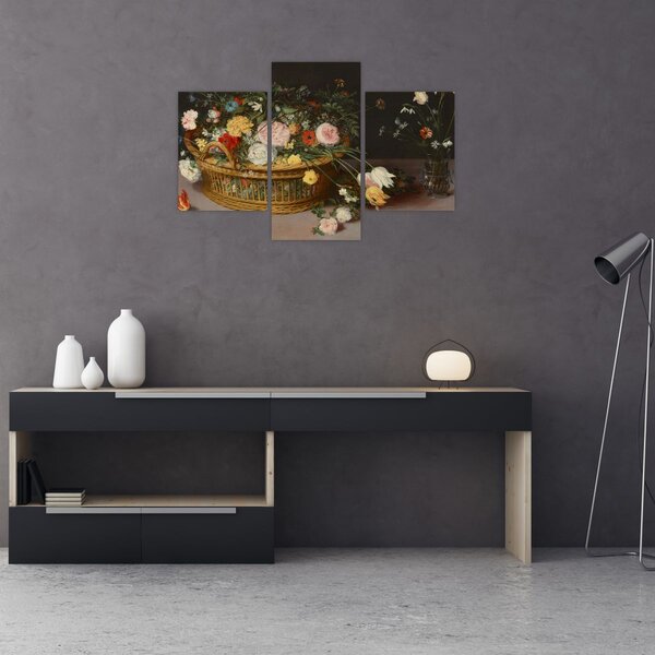Slika - Jan Brueghel the Elder, Flowers in a Basket and a Vase, reprodukcije (90x60 cm)