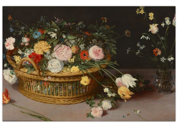 Slika - Jan Brueghel the Elder, Flowers in a Basket and a Vase, reprodukcije (90x60 cm)