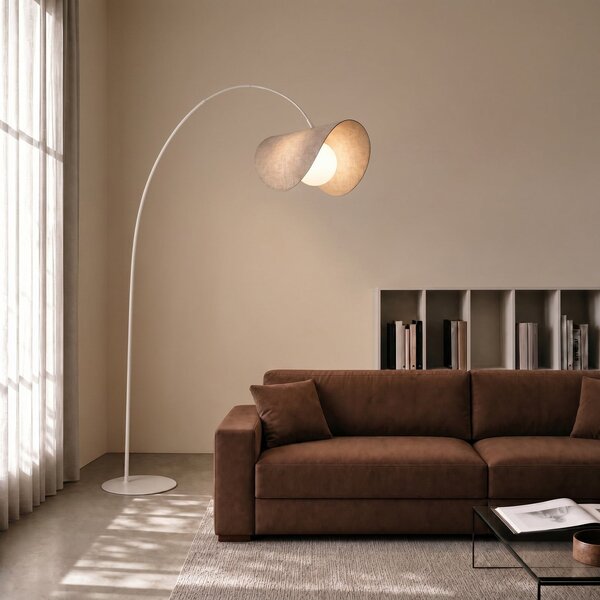Lucande Sansibar LED svjetiljka u obliku luka, bež, 180 cm, dimabilna, prigušiva, Bež, Dnevni boravak/blagovaonica, Tkanina / tekstil