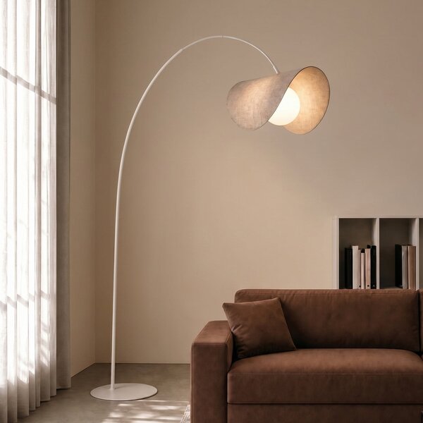 Lucande Sansibar LED svjetiljka u obliku luka, bež, 180 cm, dimabilna, prigušiva, Bež, Dnevni boravak/blagovaonica, Tkanina / tekstil