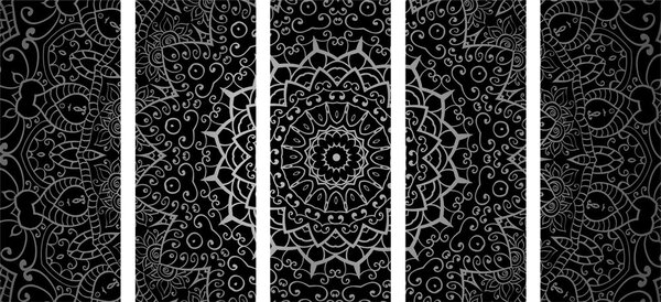 5-dijelna slika vintage Mandala u indijskom stilu u crno-bijelom dizajnu