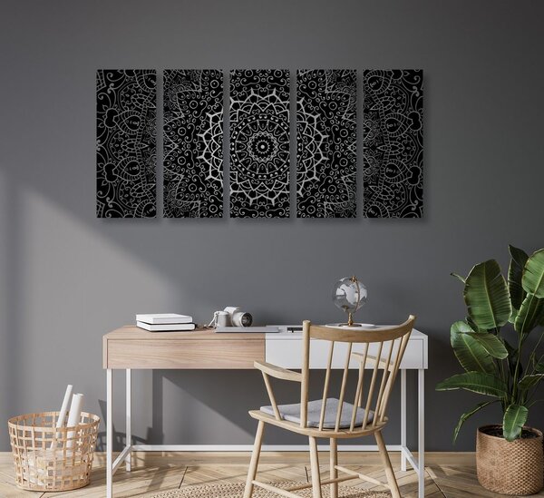 5-dijelna slika vintage Mandala u indijskom stilu u crno-bijelom dizajnu