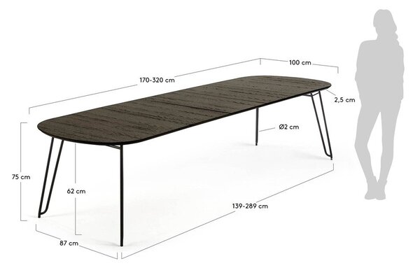 Tamno smeđi proširiv blagovaonski stol s pločom stola u dekoru jasena 100x170 cm Milian – Kave Home